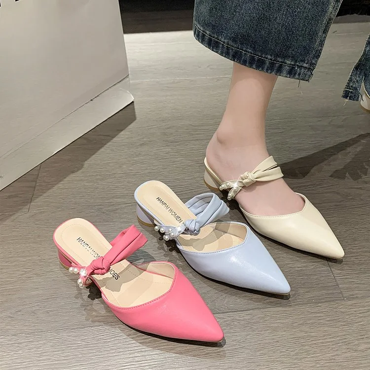 Pointy Low Heels Worn In Mule Simple Style 2023 New Temperament Street Clothing Basic Solid Color Women's Heels Women Shoes