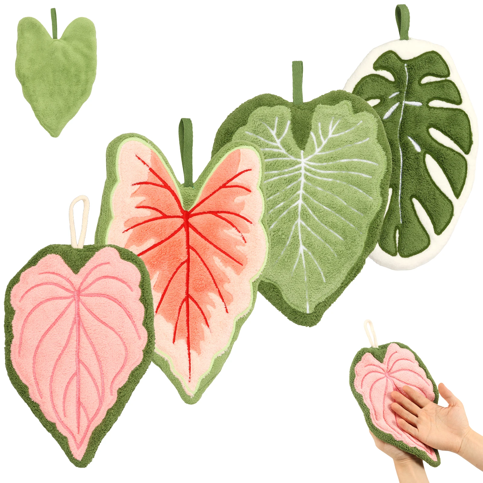 4Pcs Leaf Hand Towel Ultra-Absorbent Quick-Dry Bathroom & Kitchen Towel Cute Coral Fleece Tropical Plant Home Wash Hand Towels