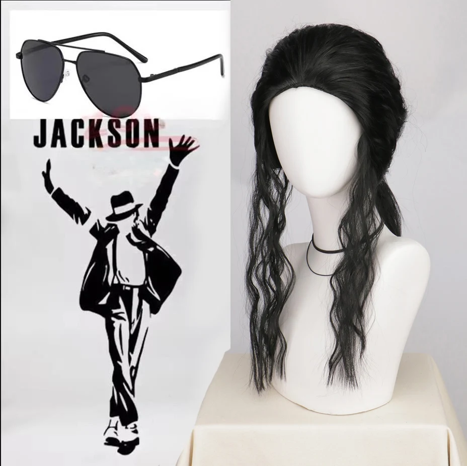 Michael Jackson Cosplay-Perücke oder -Brille, MJ, lange schwarze lockige synthetische Perücke, Haar-Kopfbedeckung, Halloween-Cosplay-Perücken, Zubehör, Requisite