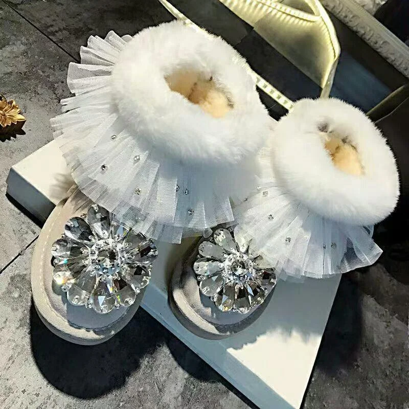 Lotus lace lace Rex Rabbit crystal flower fur one snow boots handmade custom white thick large size women's cotton shoes 35-42