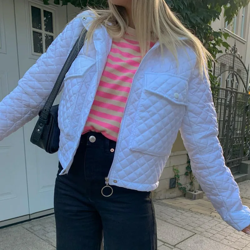 Women's Purple Short Cotton Jacket 2023 Women's Fall/Winter Slim Zipper Pocket Press Line Plaid Jacket Women's White Fashion