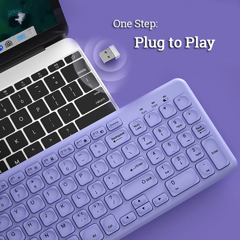 2.4GHz USB Wireless Keyboard with Mouse Combo Drip Keycap Ergonomical Keypads Purple Green Mute Keyboards for PC Computer Laptop