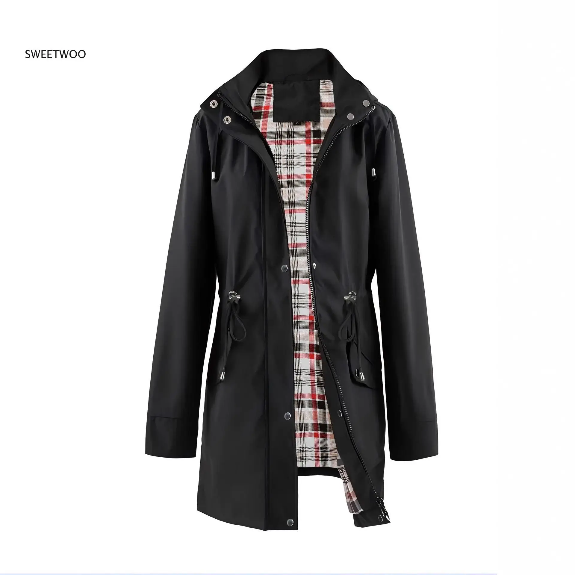 Women's Trench Coat Water Repellent Windbreaker Jacket, Plaid Lined Lightweight Long Coat for Fall and Spring