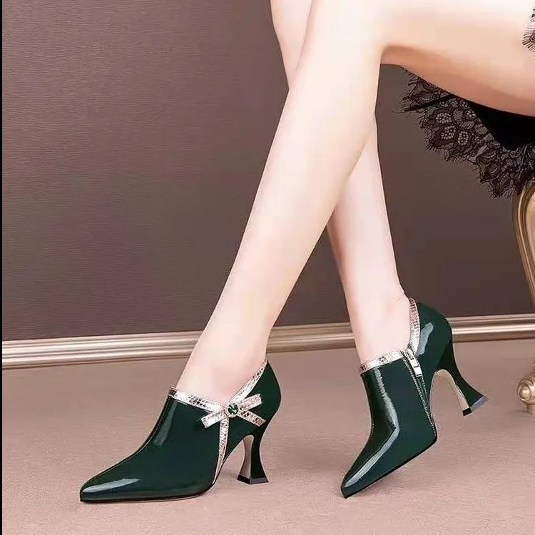 2021 NEW Fashion Spring Shoes Women Pumps High Heels Pointed Toe Bowtie Side Zip Female Footware Black Green