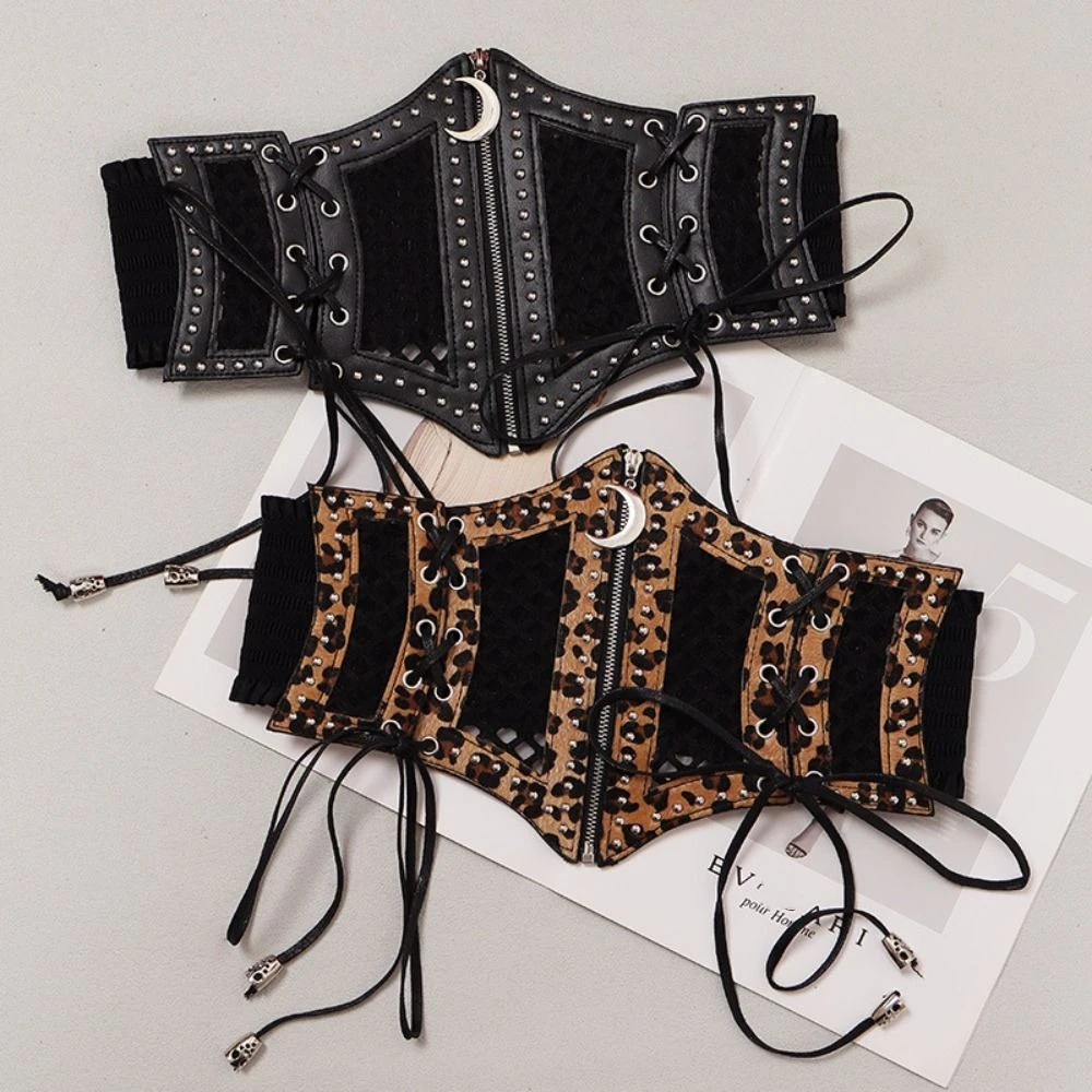 

Moon Zipper Pendant Leopard Print Cummerbunds PU Leather High Waist Hollow Corset Belts Elastic Dress Girdle Wide Waist Belt