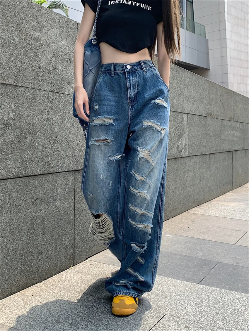 Alien Kitty Hole Jeans Women New Loose Vintage Summer Straight Daily All Match Streetwear High Waist Casual Office Wear Denim