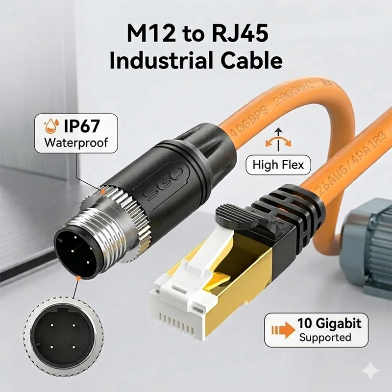 10Gbps M12 to RJ45 Industrial Network Cable - IP67 Waterproof High-Flex Towline Cable 4/8 Pin A D Coding for PLC Robotics System