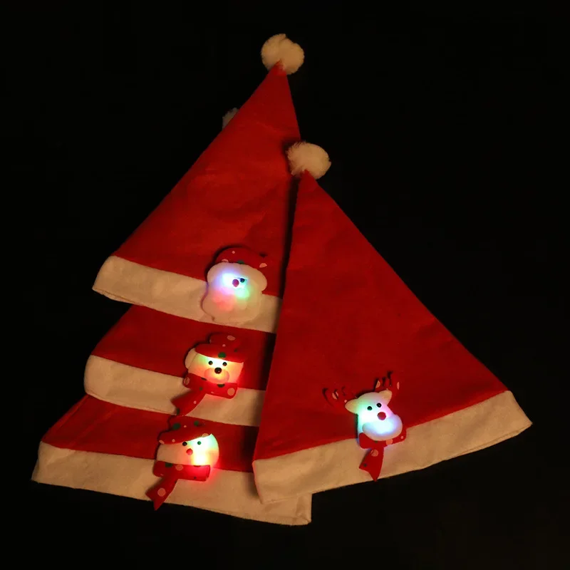 12pcs Party LED Glowing Classic Red  Hat Cute Cartoon Snowman Reindeer  Santa Claus Children Adult  Christmas