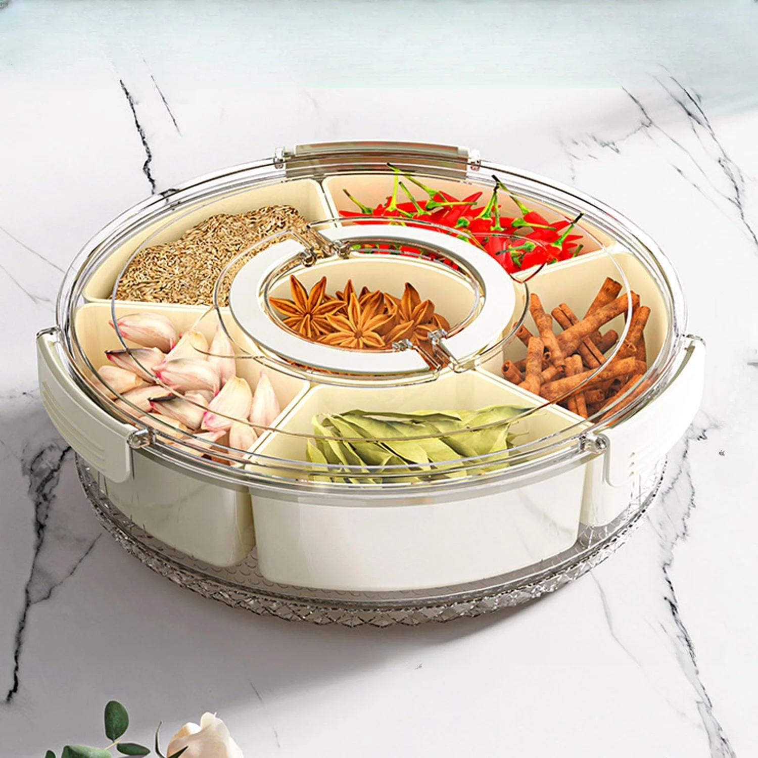 

Rotate Charcuterie Container Snackle Box Container Divided Serving Tray Portable Storage Organizer for Candy Fruits Nuts Spice