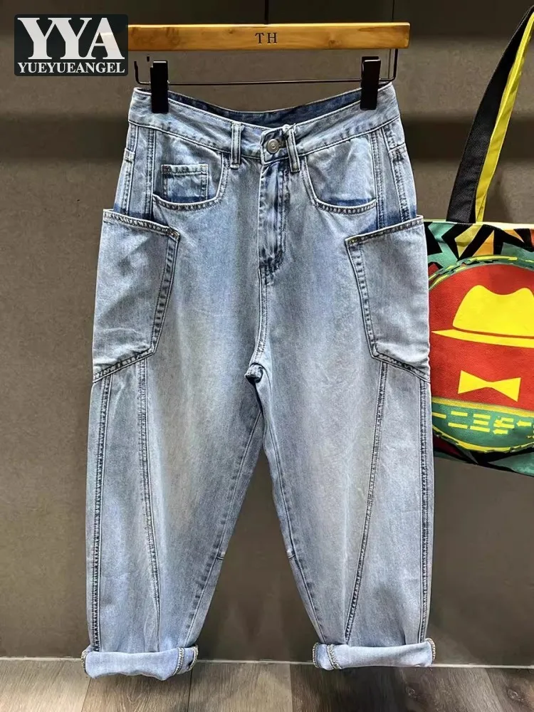 High Street Men Summer Thin Loose Fit Harem Pants Casual Jeans Comfortable Big Pockets Cowboy Cargo Trousers Vintage Denim Pants