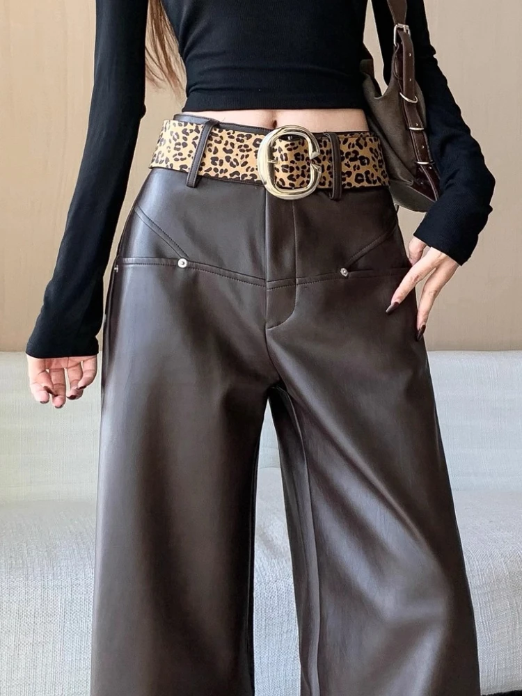 

High Quality Women PU Leather Wide Leg Pants Autumn Winter Fashion Warm PU Curry Color Trousers With Leopard Belt Leathers Pant