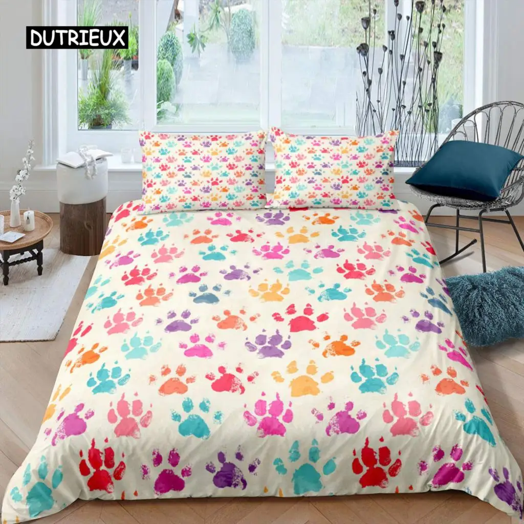 

Footprint Duvet Cover Set Kids Watercolor Bedding Set Animal Footprints Colorful Puppy Paws Multicolor Graffiti Art Quilt Cover