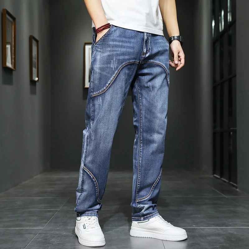 New Summer Breathable Loose Straight Leg Jeans Men's Plus Size Stretch Denim Pants Casual Trendy