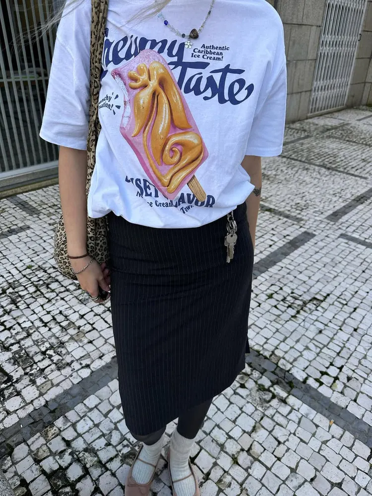 JHYF American Retro Vintage Design Interest Ice Cream Print Spicy Girl Loose Short Sleeve T-Shirt Women Street Style Oversize...