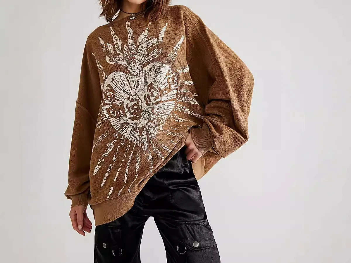 Retro Printed Round Neck Sweatshirt Jacket for Autumn and Winter Women Loose and Casual Versatile Long Sleeved Pullover