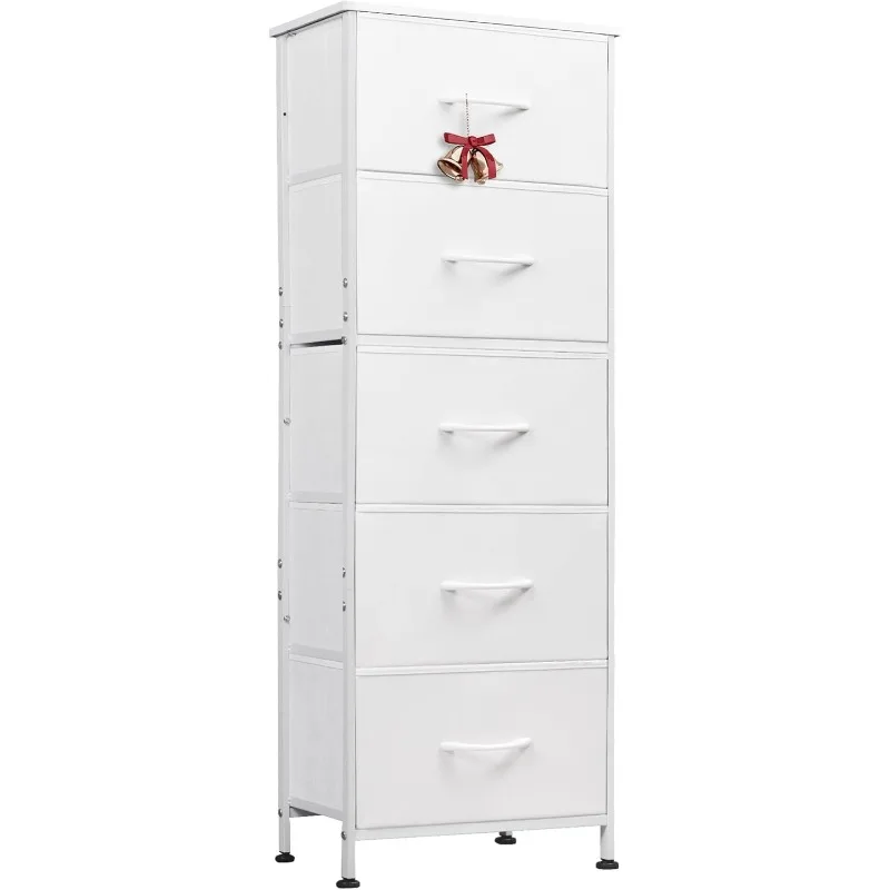 5-Drawer Tall Dresser for Bedroom, Storage Dresser Organizer with Fabric Bins, Wood Top, Sturdy Steel Frame