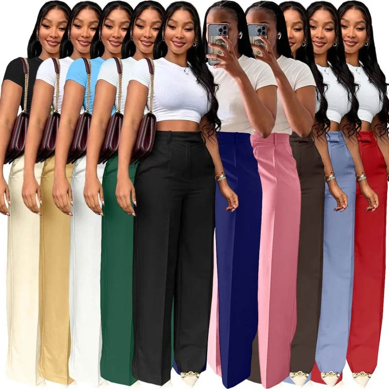

Wide Leg Straight Dress Pants with Pocket Women Plain Color Business Casual Pants Loose Fit Midi Waist Office Trousers