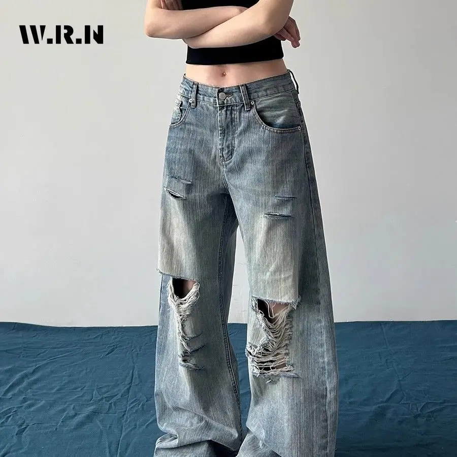 

Y2K Emo Full Length Damage Baggy Denim Trouser Harajuku 2000s Loose Retro Jeans Women's Casual Street High Waist Ripped Pants