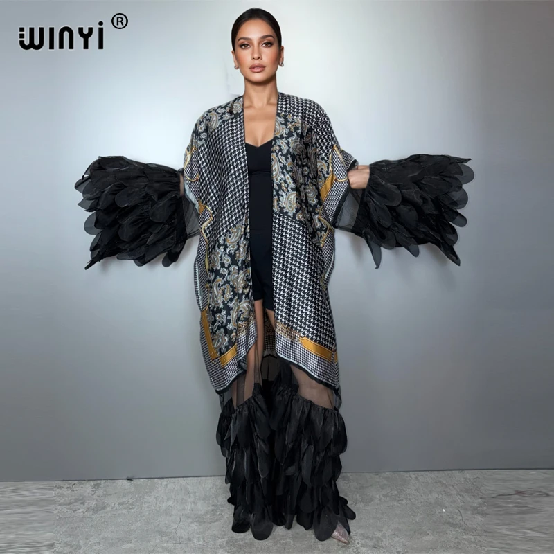 WINYI Catwalk Sexy Kimono Women Print Coat Long Sleeve Cardigan Abaya Dubai Luxury Beachwear Cover Up Boho Dress Holiday Caftan