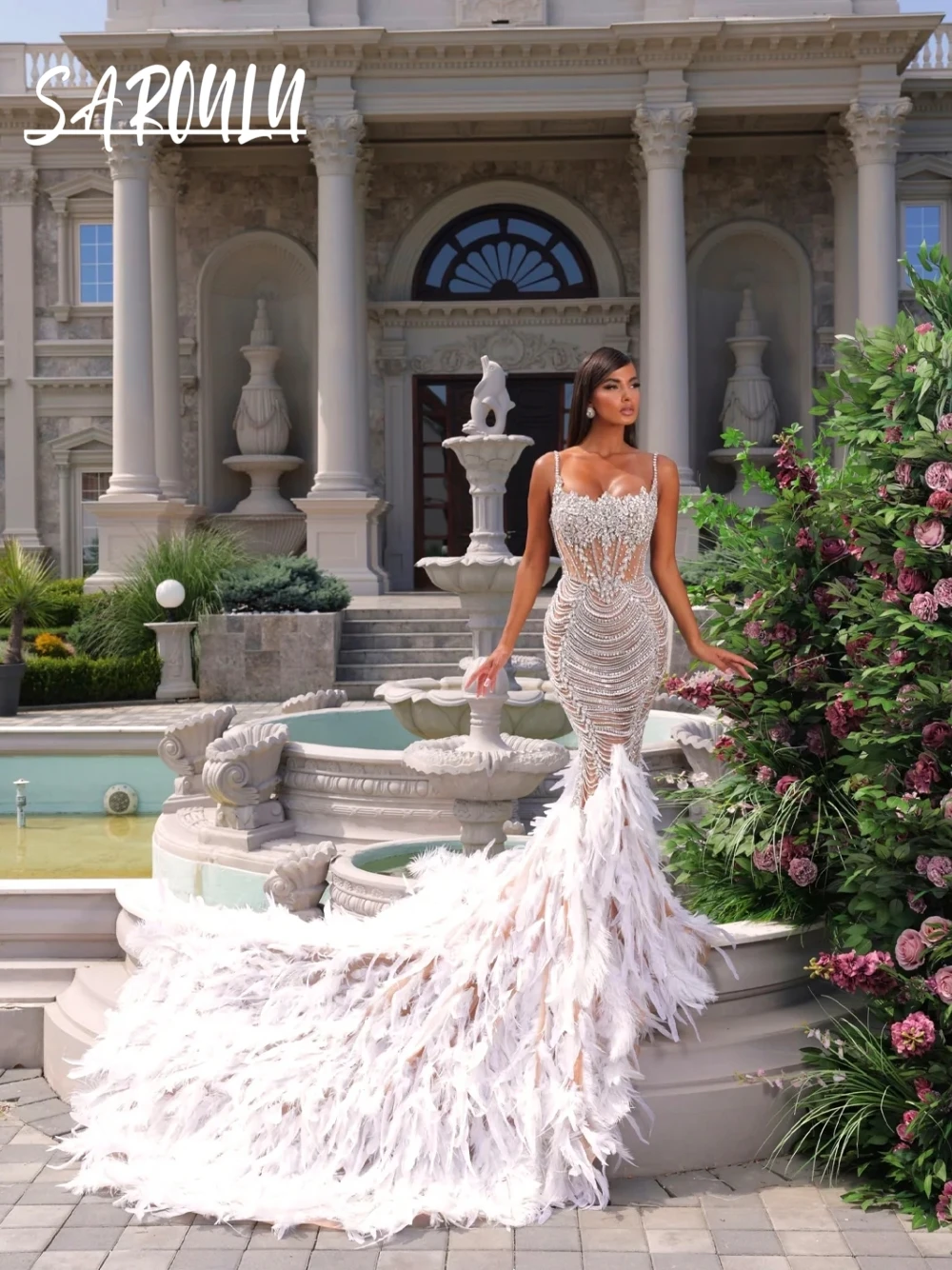 

Stunning Crystals Beads Feathers Evening Dress Sultry Sophisticated Mermaid Customized See Through Richly Formal Prom Gown