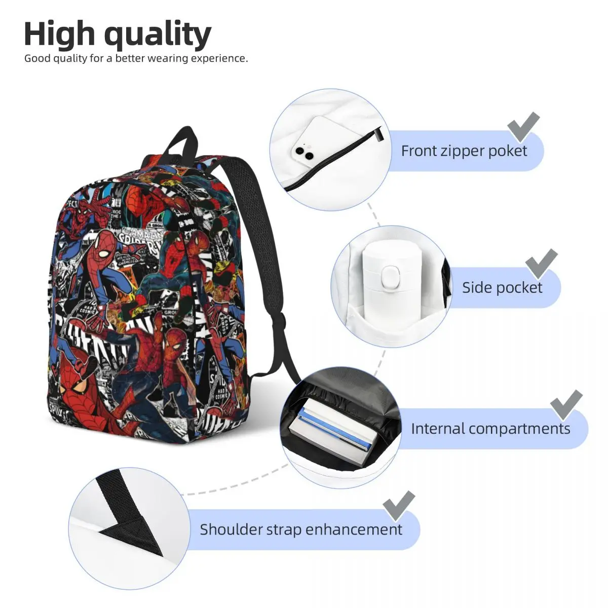 Mochilas de lona con Collage de Spiderman personalizadas para mujeres y hombres, bolsa de libros para estudiantes universitarios, se adapta a bolsas para portátiles de 15 pulgadas