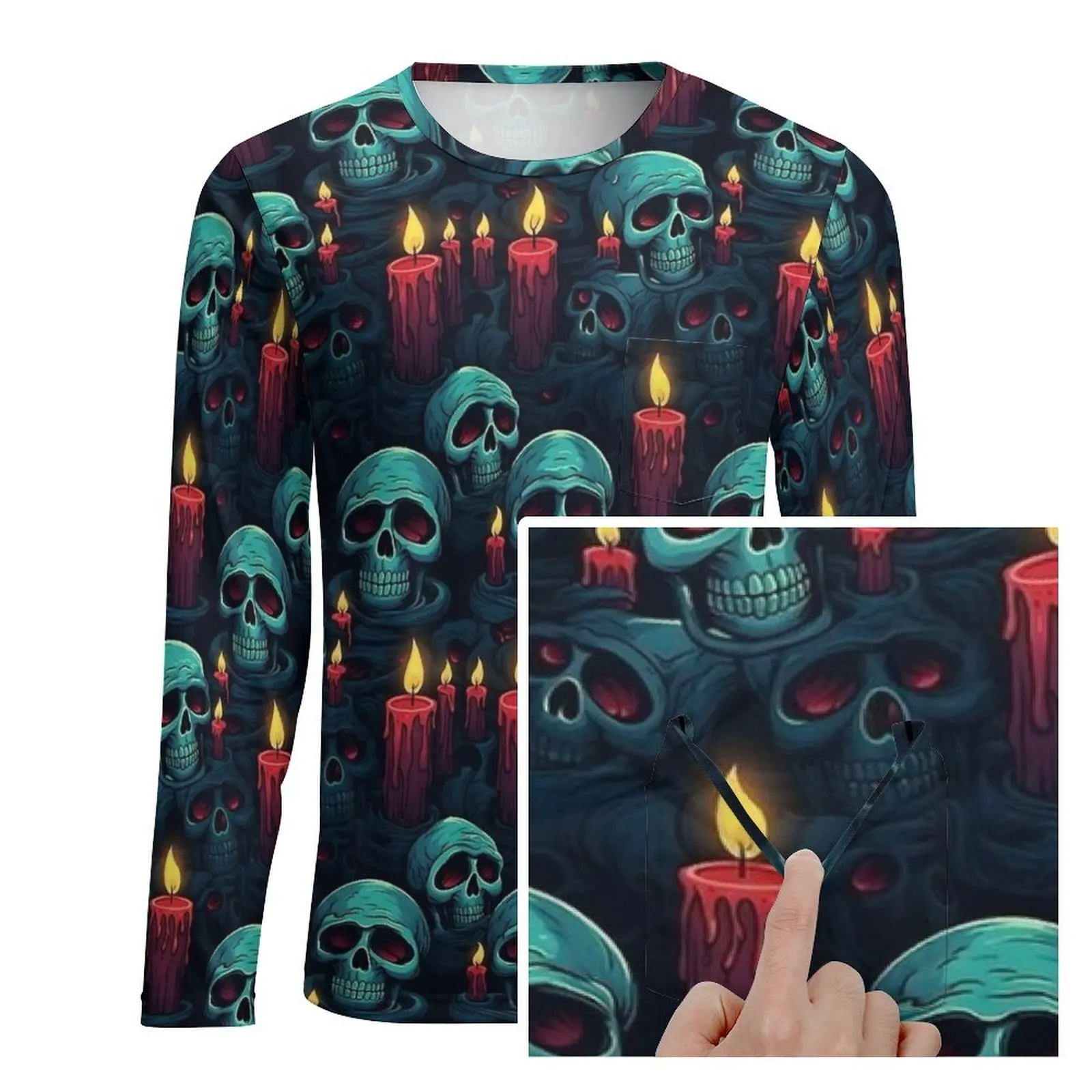 Halloween Skull And Candles T-Shirt Man  Aesthetic T-Shirts Daily Hip Hop Tee Shirt Long Sleeve Pattern Oversize Tops