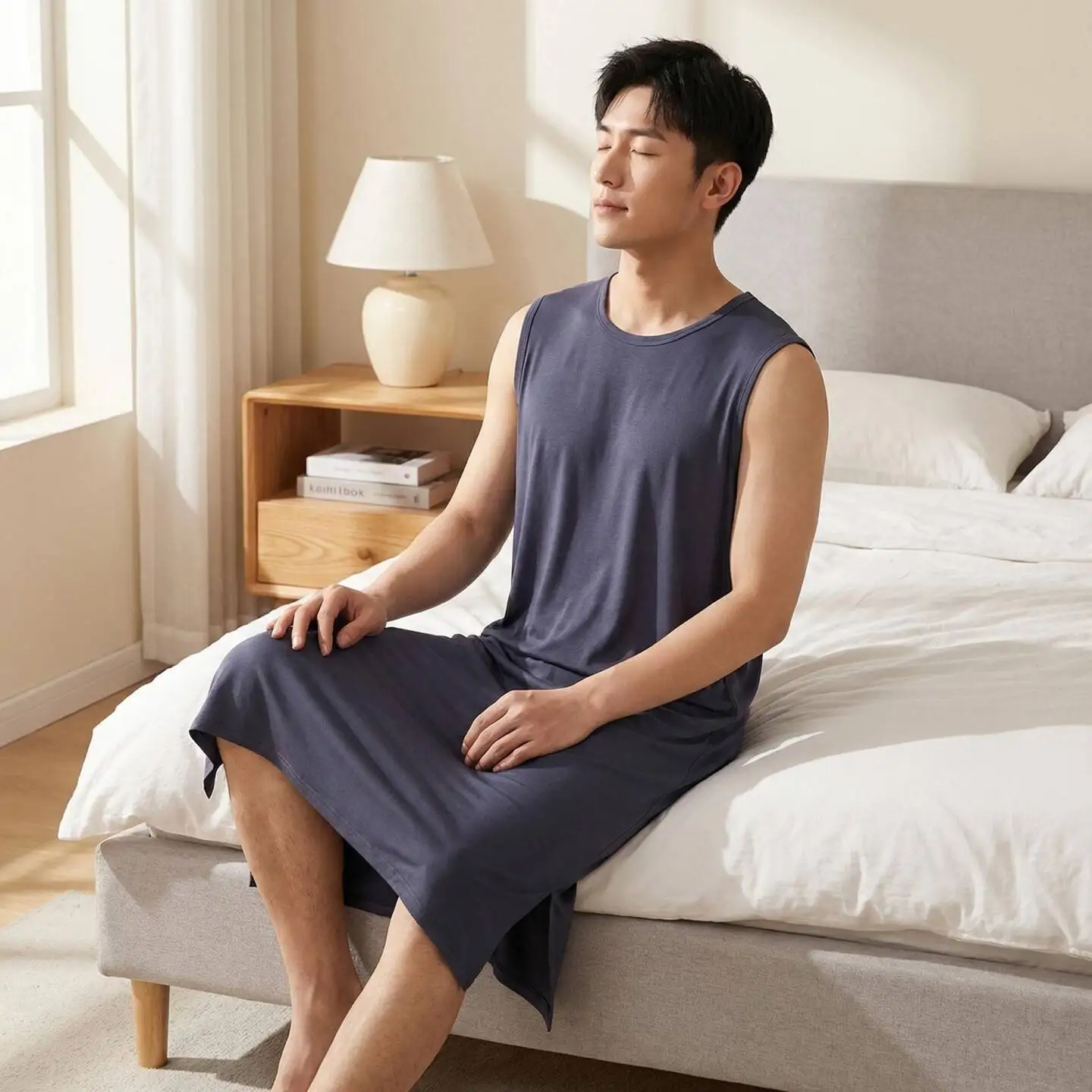 Men's Modal Sleepwear Loose Vest Skirt Morning Robe Bathrobe Large Size Mid-Length Sleeveless Nightgown Thin Sleep Dress