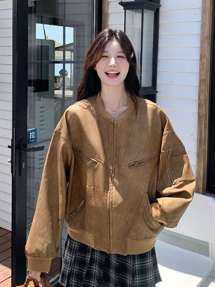 Jmprs Fall Faux Suede Jacket Women Loose Y2K Long Sleeve Streetweear Coat Vintage Casual O Neck American Zipper Coffee Outwear