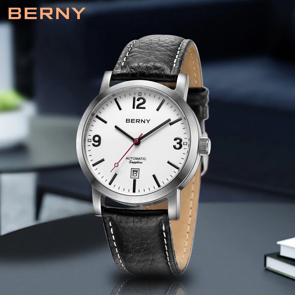 BERNY Männer Mechanische Armbanduhr 5ATM Wasserdichte Uhr Casual Leder Schweizer Eisenbahn Zeitmesser ST1612 Luxus Automatische Männer Uhr