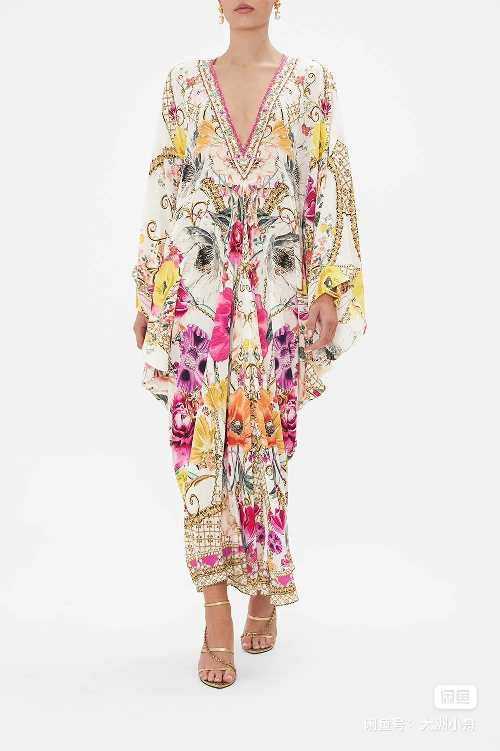 Women Flower Printed V-Neck Beaded Batwing Long Sleeve Silk Cloak Dress