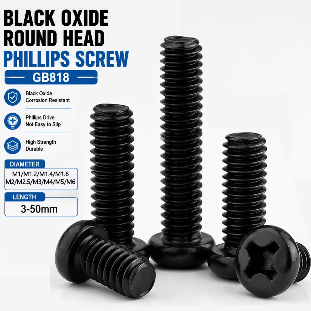 M1 M1.2 M1.4 M1.6 M2 M2.5 M3 M3.5 M4 M5 M6 Cross Recessed Pan Head Screw Carbon Steel Black Phillips Machine Screw