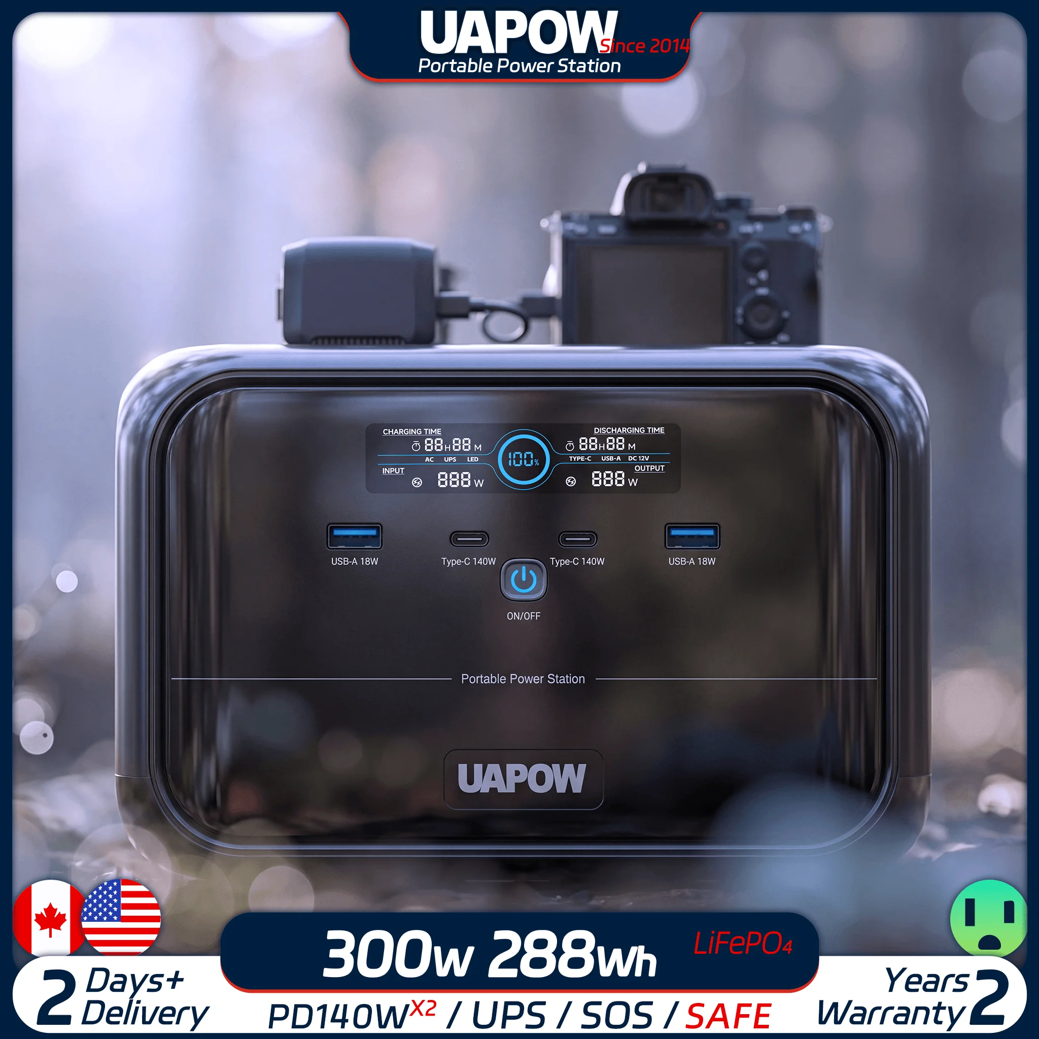 Uapow 288Wh Coastal Highway Self-Driving Power Supply, 300W Powered Portable Fan and Bluetooth Speaker, Sea Breeze and Music. 7 Ports for Simultaneous Charging, Ensuring Uninterrupted Power for Multiple Mobile Phones during Navigation. Lithium Iron Phosphate Is Moisture-Proof and Resistant to Salt Spray, and Can Be Safely Carried in a Vehicle with a Capacity of 3kg.