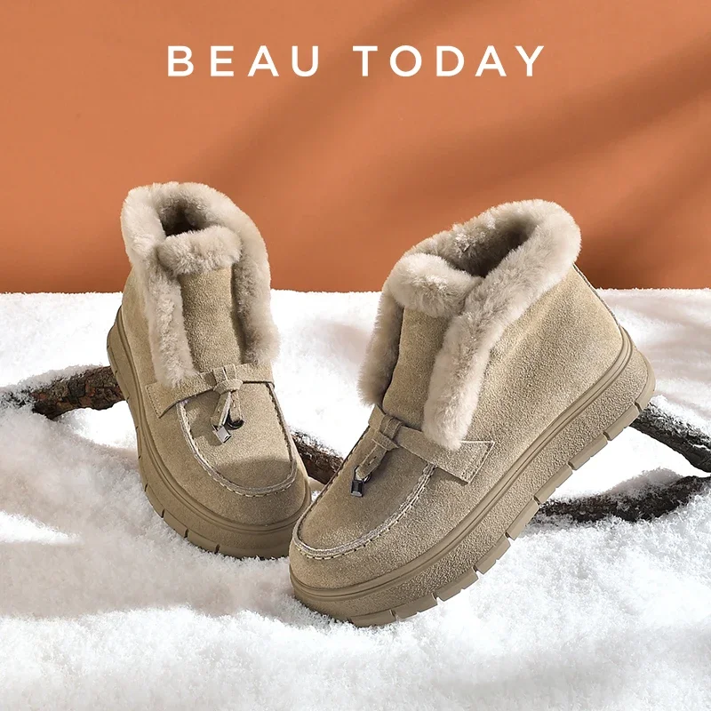 

BEAUTODAY Snow Boots Women Cow Suede Platform Sole Round Toe Warm Fur Sewing Design Winter 2023 Ladies Shoes Handmade 08044