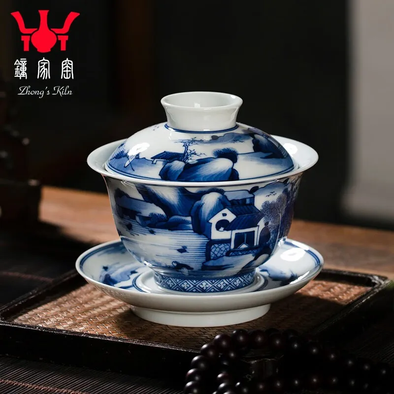 Zhongjia Kiln Tea Brewing Bowl Tea Cup Gaiwan Single Non-Scald Jingdezhen Blue and White Wood Kiln Kangxi Landscape Cover Bowl