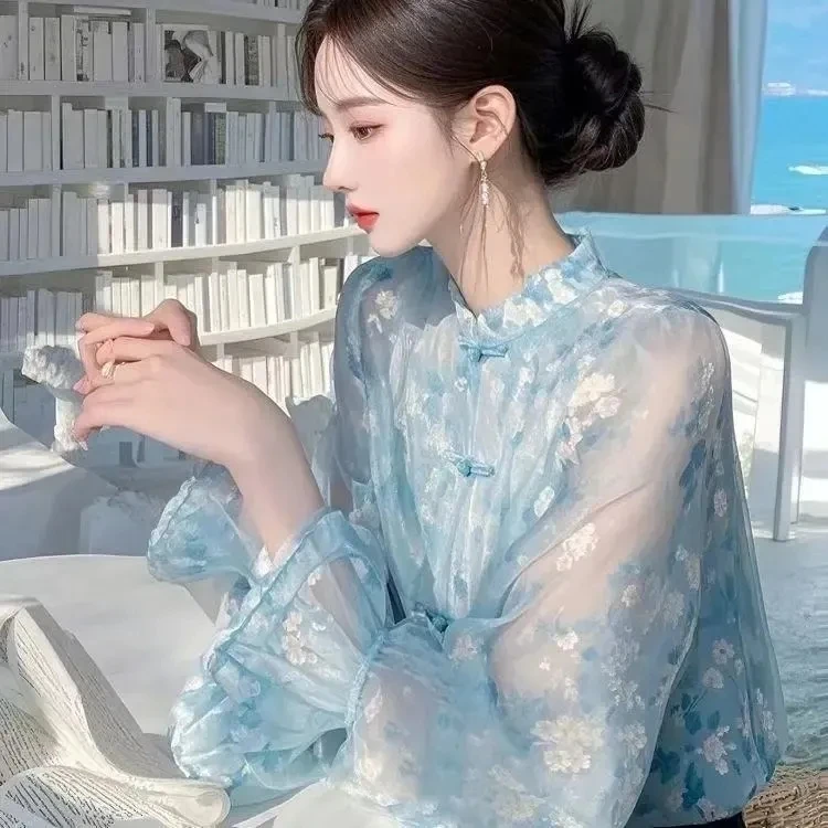 

Ele Floral Long Sve шифоновый irt женский весенне-летний новый уникальный модный топ в Корейском стиле свободного покроя