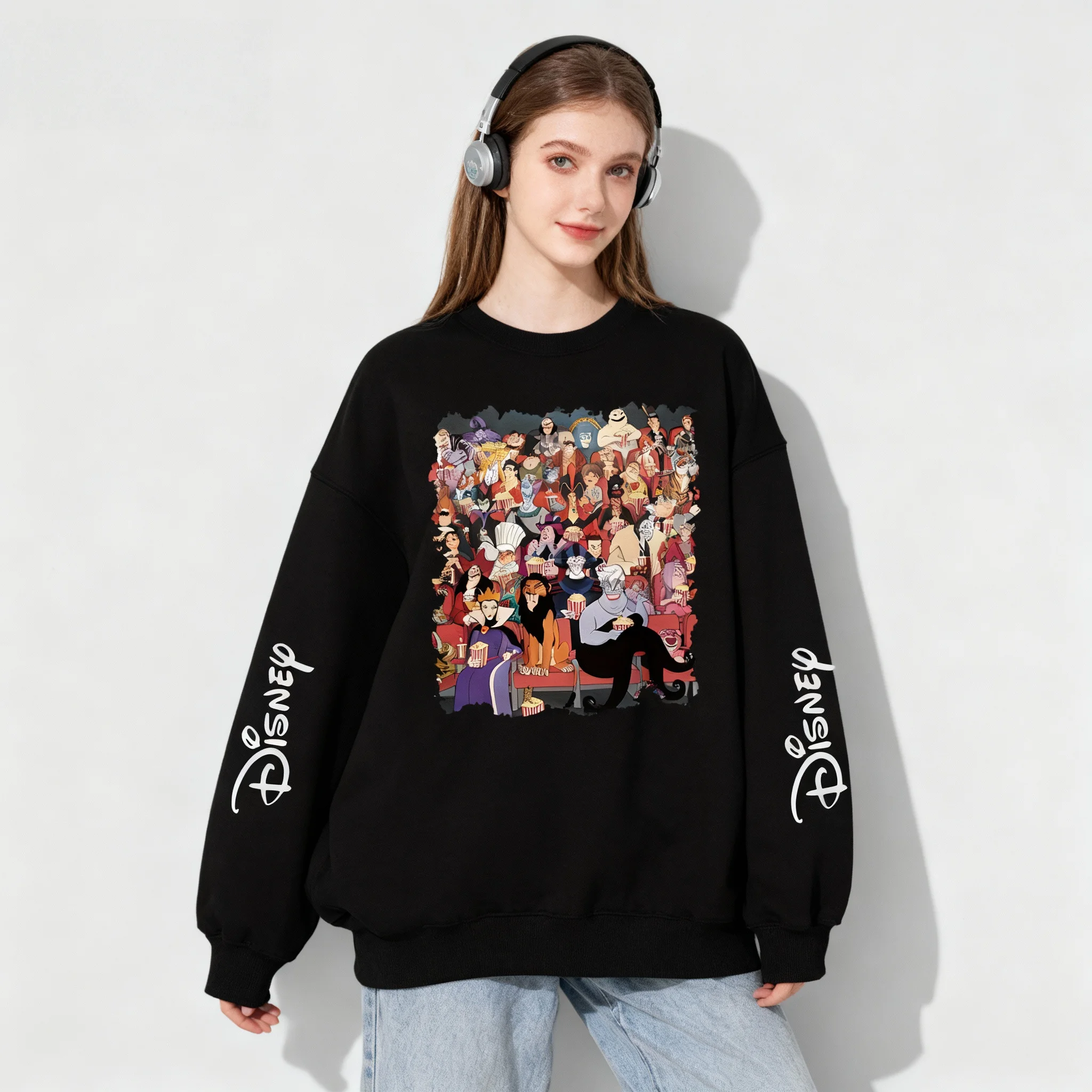 Disney Animated Character Puzzle Series Oversized Women's Adult and Children's Autumn and Winter Round Neck Hooded Sweatshirt