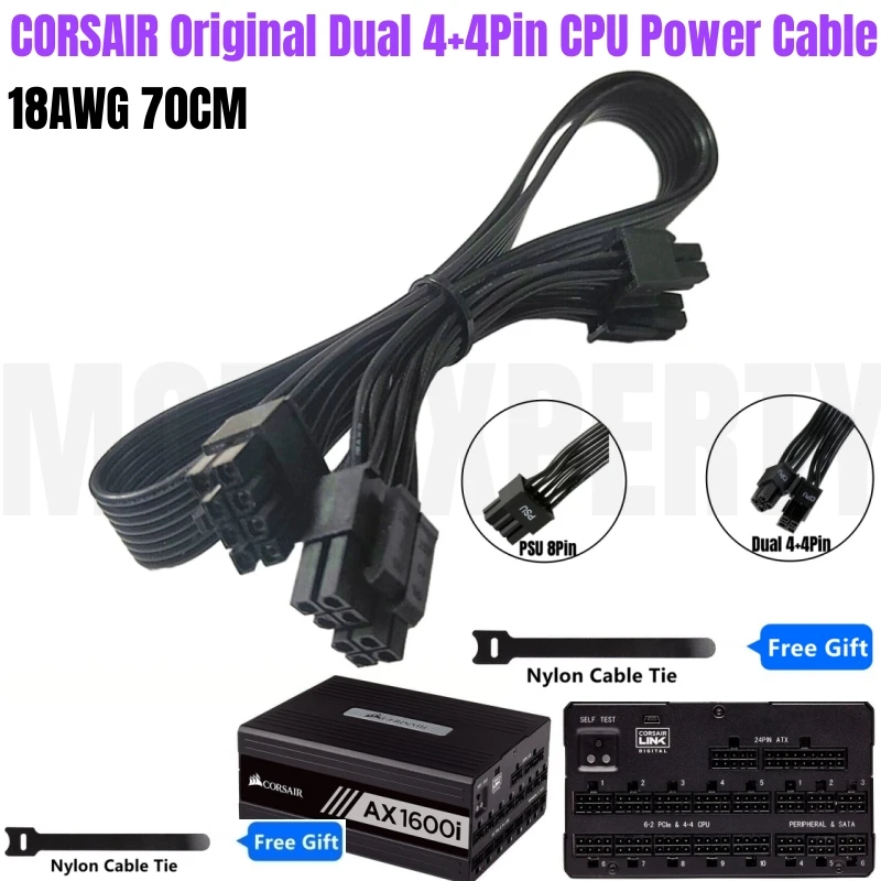 

Original CORSAIR AX1600i Dual CPU Power Cable PSU 8Pin to Dual 4+4Pin EPS12V 18AWG 70+8CM for CORSAIR Modular Power Supply Unit