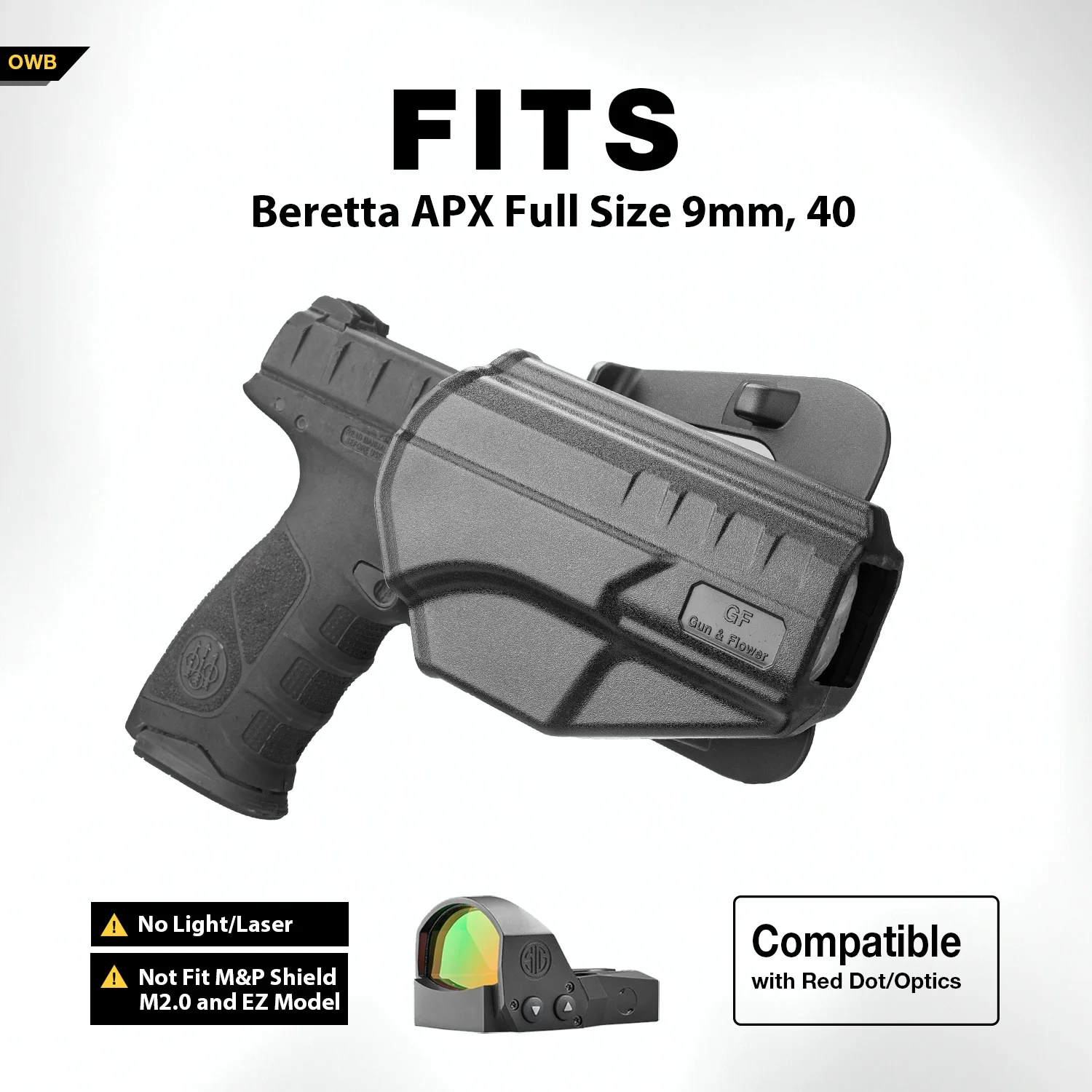 Coldre Beretta APX, coldre OWB de polegar para Beretta APX tamanho completo 9 mm, 40 (não cabe em Beretta APX A1), retenção de nível II/360 graus