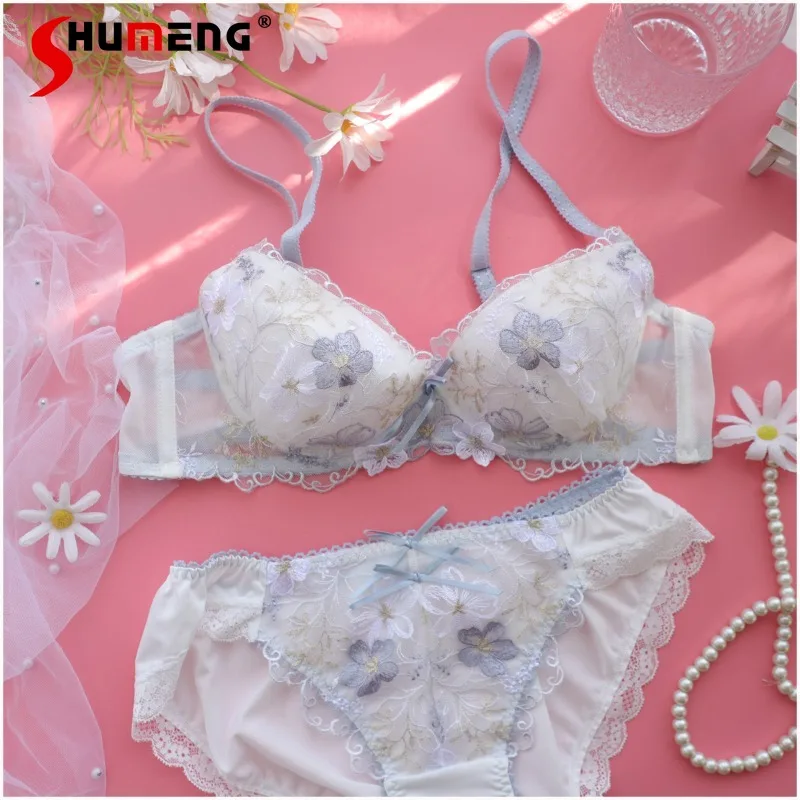 Dziewczęcy, słodki zestaw bielizny push-up w stylu japońskim, z fiszbinami, siateczką, haftem, seksowny komplet biustonosza, damskie majtki w kwiatowy wzór.