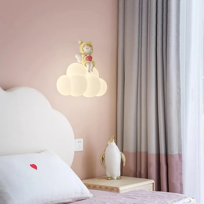 Minimalist Wall Lamp Children's Room Cream Wind Cartoon Rabbit Lampshade Cloud Warm Bedroom Bedside Study LED Lamp Luminaires