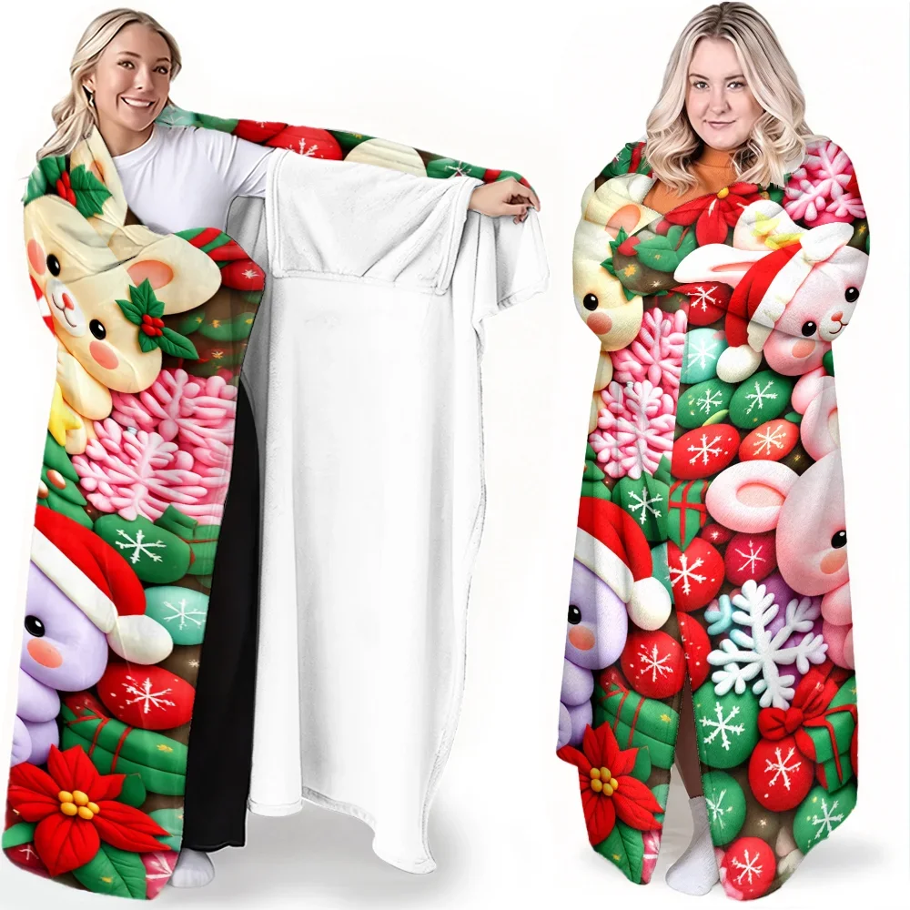 1pc Christmas Bunny Print Wearable Blanket-Soft and fluffy. Perfect for cozy breaks, gifts, and everyday comfort.