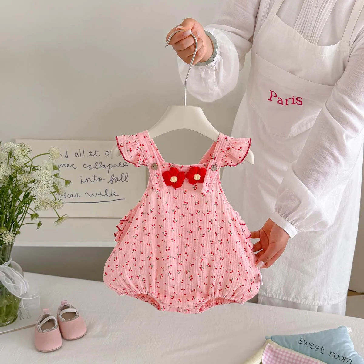 Baby Girl Cherry Print Bodysuit with Flutter Sleeves & 3D Flowers, Lace Trim Suspenders Onesie for Summer