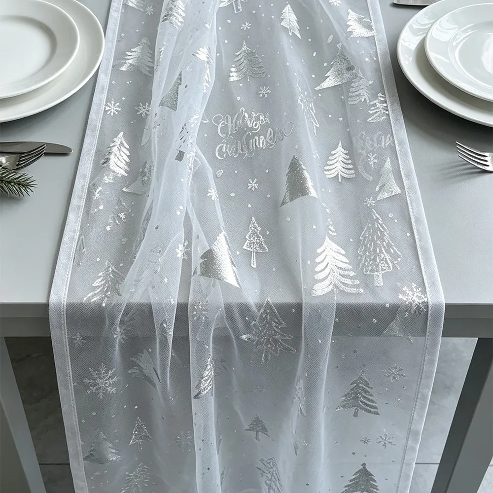 Christmas Tree Pattern Tulle Table Runner Glitter Bronzing Christmas Tulle Fabric Translucent Rustic Sheer Gauze Table Runner