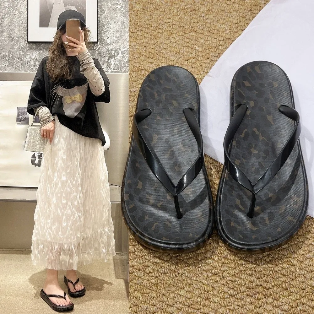 

Fashion All Match Leopard Flip Flops Elegant Anti Slip Slides Sandals Women Beachwear Shoes Platform Slippers Summer