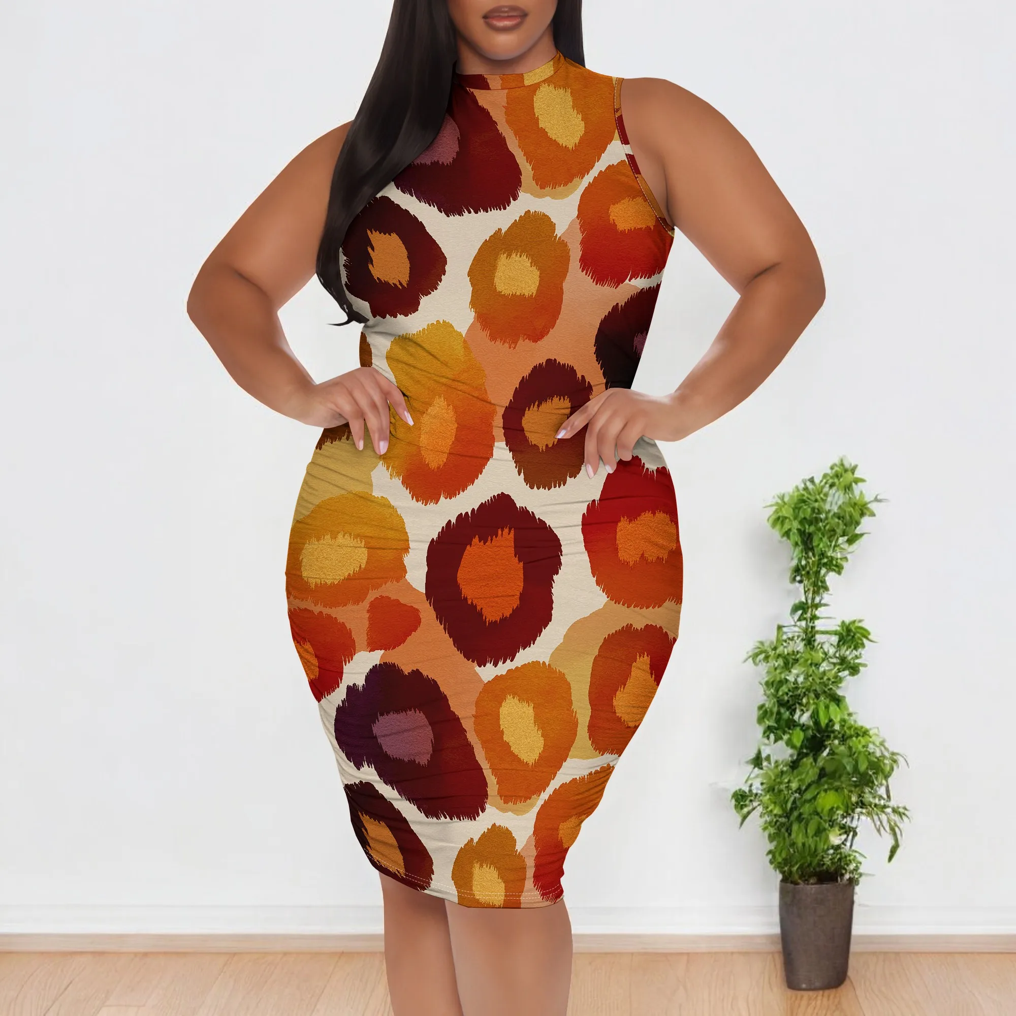 

Autumn Dot Floral Print Bodycon Dress XL-6XL Sleeveless High Neck Style for Thanksgiving, Fall Brunch or Art Event Look