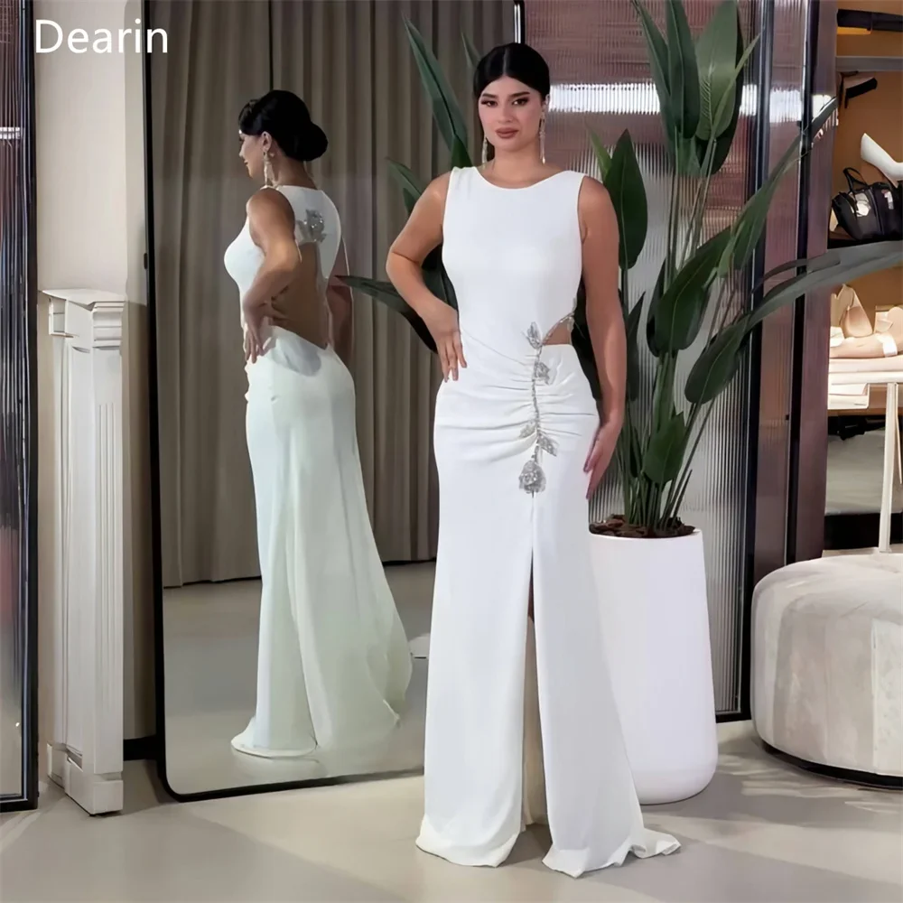 

Customized Women Evening Gown Prom Dearin Scoop Neckline Mermaid Floor Length Skirts Draped Open Back Applique Bespok