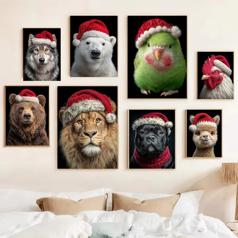 عيد الميلاد الحيوان المشارك مضحك الأسد الكلب الببغاء الدب القطبي في سانتا القبعات جولي طاقم احتفالي حفلة جدار الفن لديكور غرفة المعيشة #1
