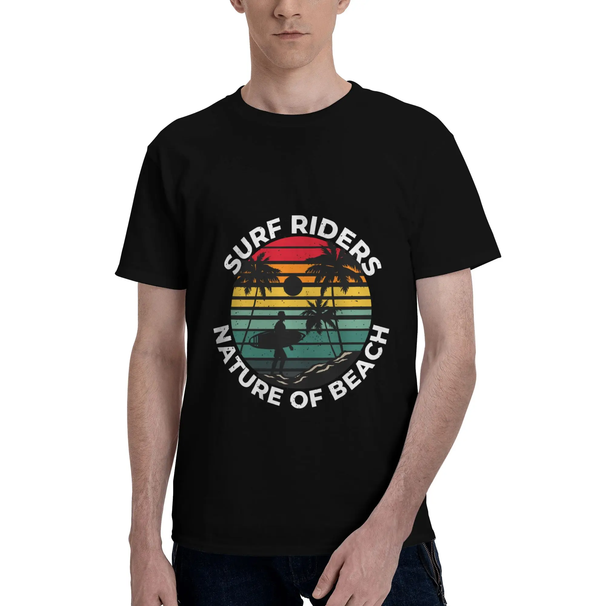 

Retro Palm Tree Sunset With Surfer Print Men's T-Shirt Clothes Tees Short Sleeve fugees Pure Cotton