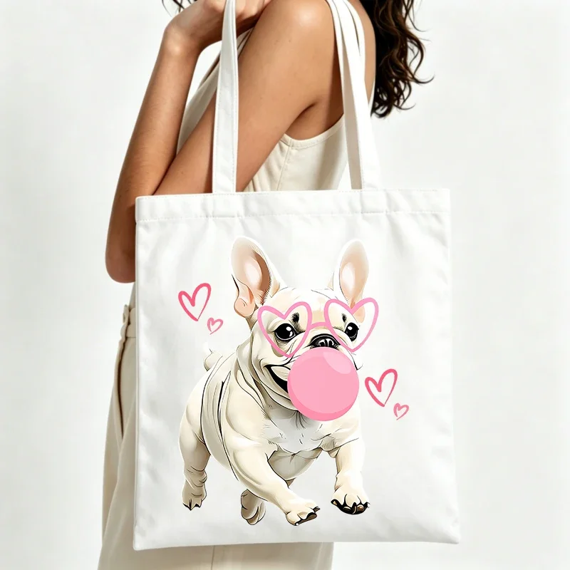 cute bulldog graphic canvas tote bag with heart sunglasses, ideal for casual daily use and summer outings