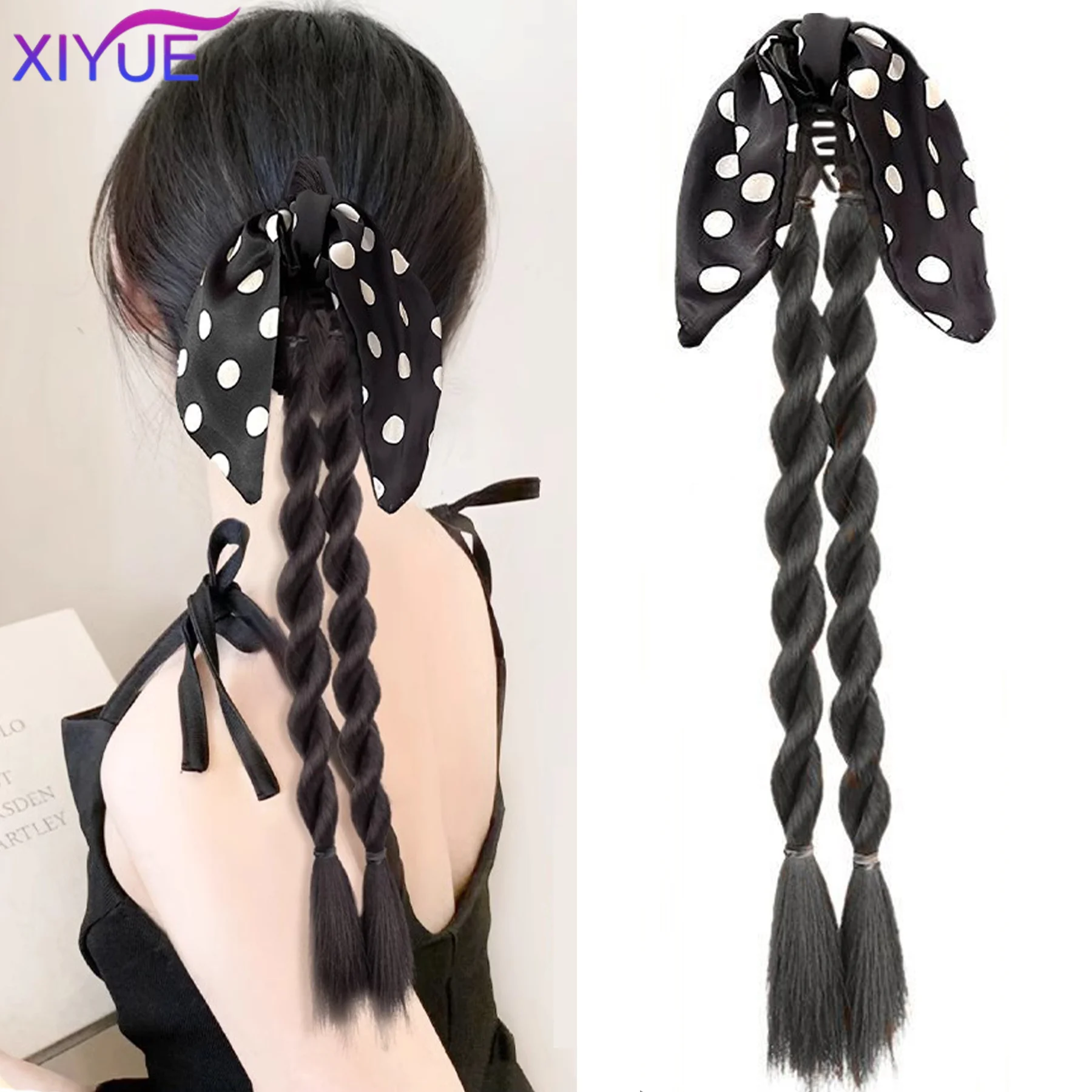 

Synthetic Beige dots Bow Claw Clip Ponytail Temperament Slightly Curly Hair Natural Heat-resistant Chemical Fiber Wig Ponytail